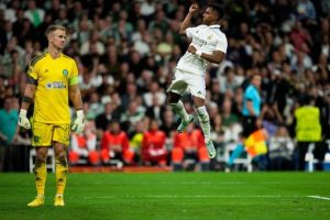 Selebrasi Rodrygo usai membobol gawang Joe Hart dalam laga Real Madrid vs Celtic, Kamis (3/11/2022) (c) AP Photo
