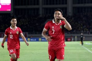 Selebrasi gelandang Timnas Indonesia U-23, Marselino Ferdinan setelah membobol gawang Chinese Taipei di Kualifikasi Piala Asia U-23 2024 Grup K. 